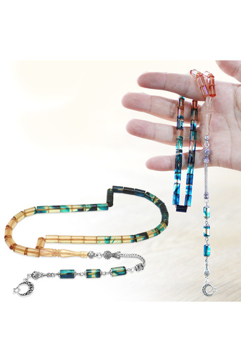Tesbihane Non-Tarnish Metal Tassel Cutout Cutout Filtration Blue White Fire Amber Prayer Beads