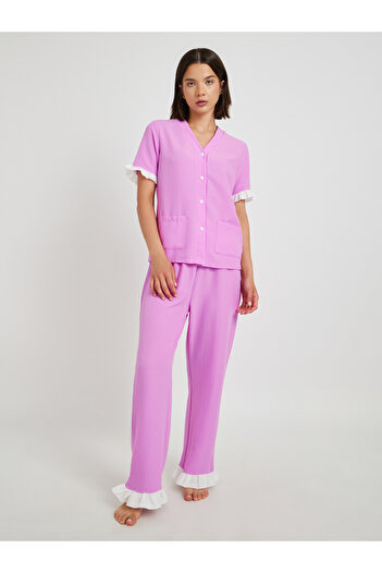 Take Two By Styli Contrast Flounce Detail Short Sleeve Shirt and Pyjama Set