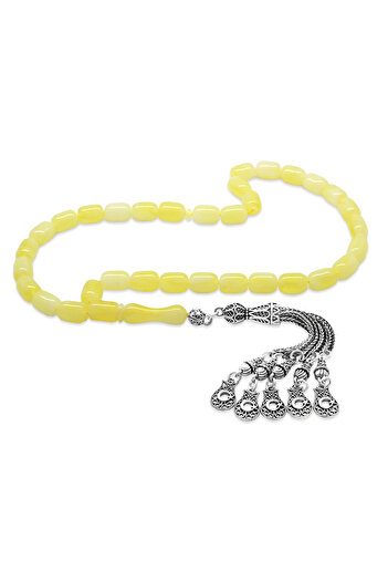 Tesbihane Non-Tarnish Metal 5-Piece Whip Ayyıldız Tasseled Capsule Cut Yellow White Moire Beirut Amber Prayer Beads