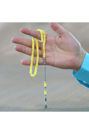 Tesbihane Tarnish-Free Metal Albanian Chain Tassel Cutout Cut Yellow White Moire Beirut Amber Prayer Beads