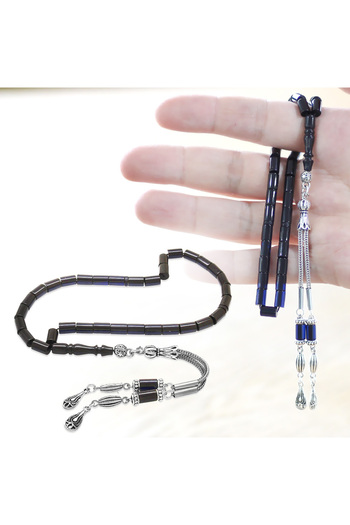 Tesbihane Non-Tarnish Metal 2-Piece Whip Tassel Cut Cut Wrist Length Navy Blue Crimping Amber Prayer Beads