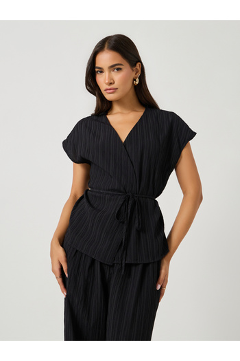Styli Textured Wrap Tie-Up Top and Pants Co-Ords