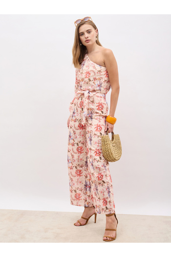 Styli Floral Printed Shiffli One-Shoulder Top and Wide Leg Pants Co-Ords