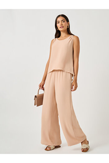 Styli Solid Lace Insert Sleeveless Top and Wide Leg Pants Co-Ords