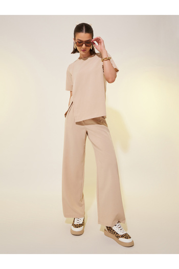Take Two By Styli Solid Short Sleeve Asymmetric Top and Pants Co-Ords