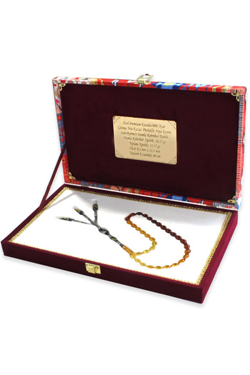 Tesbihane Premium Boxed 1000 Sterling Silver Tria Kazaz Tasseled Barley Cut Yellow Red Drop Amber Prayer Beads