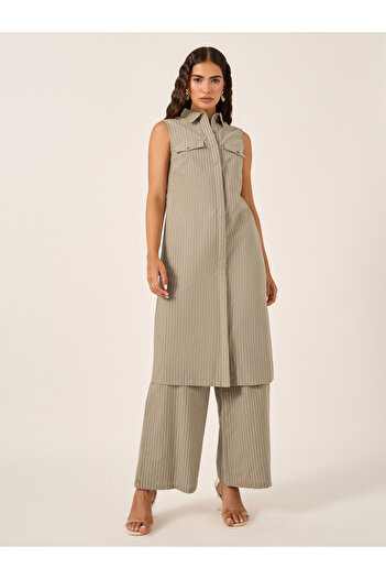 Styli Stiped Sleeveless Button-Down Tunic and Wide Leg Pants Co-Ords