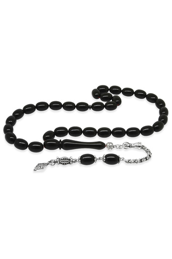 Tesbihane Non-Tarnish Metal Albanian Chain Tassel Pheasant Imame Beyzi Cut Black Catalin Prayer Beads