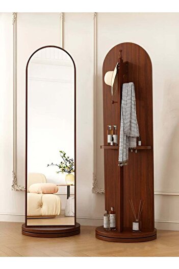 Taimi 360 Degree Rotating Mirror with Clothes Hanger and Storage Shelf for Bedroom Walnut Color 166x46cm