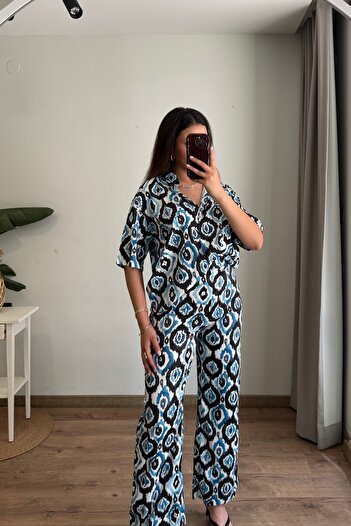 Güneş Desenli Saten Gömlek & Pantolon Takım