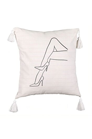 BEKZ Decorative Pillow with Fringes, Abstract Lines Woman Legs Pattern, 45x45 cm, Ecru, With Zipper