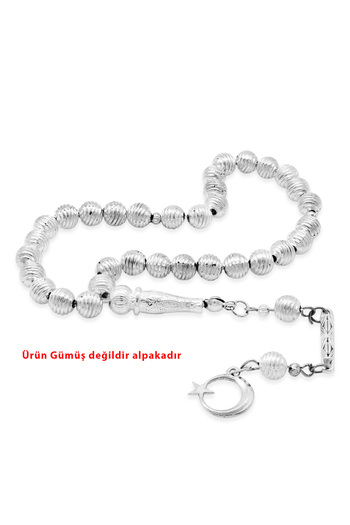Tesbihane Helix Design Pen Crafted Crescent Star Tassel Sphere Cut Silver Color Alpaca Prayer Beads