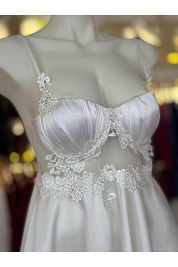 cdh çeyize dair herşey Honeymoon Touch White Guipure Detailed Satin Nightdress 6890