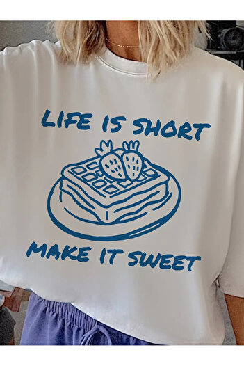 AEMİ Γυναικείο μπλουζάκι Life Is Short με στάμπα Oversize Crew Neck