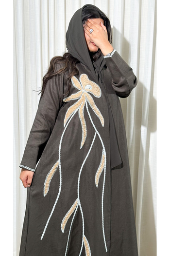 Elegant Japanese linen abaya with embroidered embroidery, olive color
