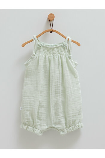 Caramel Muslin Adjustable Rope Strap Snap Fastener Green Jumpsuit