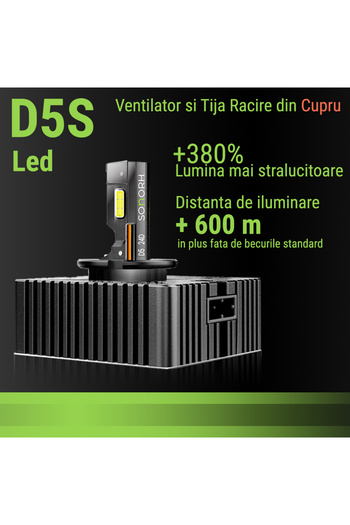 SONORH Becuri LED Xenon D5S/D5R, 120W, 20000 Lumeni, Canbus Plug&Play, 2 bucăți, ventilator și tijă de răcire din cupru