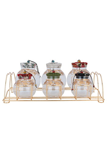 Alsaif Gallery Spice Jar Set with Golden Stand, 7 Pieces - Multi-colored