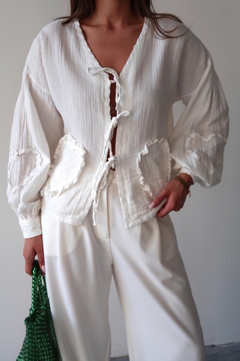 Lusin Women's White Long Sleeve Tie Detail 100% Cotton Premium Muslin Blouse Shirt