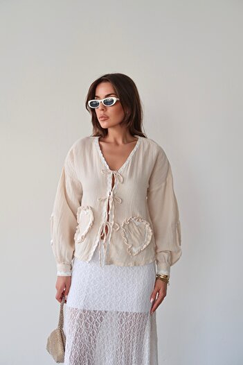 Lusin Women's Cream Long Sleeve Tie Detail 100% Cotton Premium Muslin Blouse Shirt