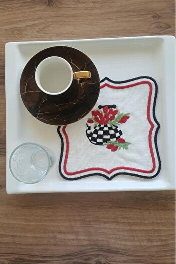 Çeyiz Diyarı Çaycım Embroidered Linen Square Coasters Set of 6