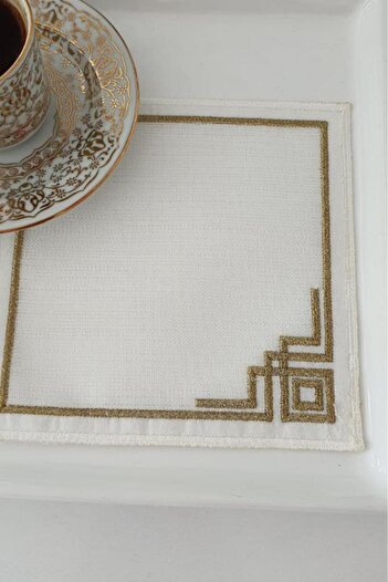 Çeyiz Diyarı Corner Embroidered Linen Square Coasters Set of 6 Brown