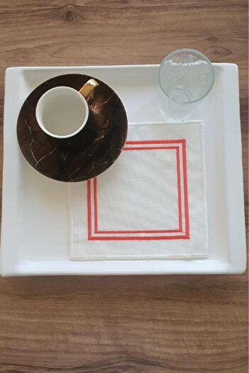 Çeyiz Diyarı Red Embroidered Linen Square Coasters Set of 6