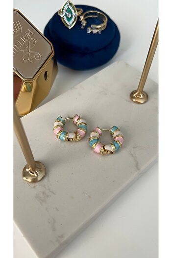 SU PERİSİ TAKI BİJUTERİ Gold Multicolored Enamel Mini Hoop Earrings