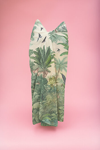 pistore Cream Tropical Forest Patterned Long Pareo Satin Does Not Show Underwear Women's Beach Dress New Season