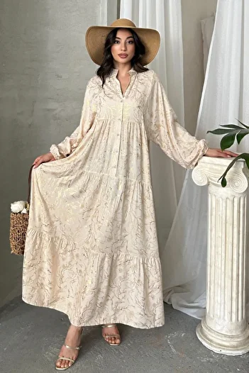 AYASOFYA OTANTIK Women's Beige Patched Collar Gilded Shiny Patterned Balloon Sleeves Long Ethnic Authentic Long Dress