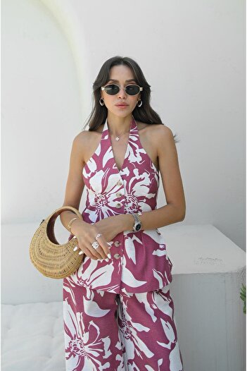 Havoş Light Burgundy Halter Vest Pants Suit