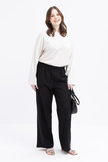 ALLDAY Black-Large Size Wide Leg Linen Trousers with Elastic Waist