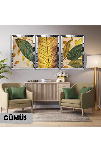 Harikabirev Amazing | Green Gold Leaf Detail Combination (Leaves) | Plexiglass Framed Mdf Plksmdf
