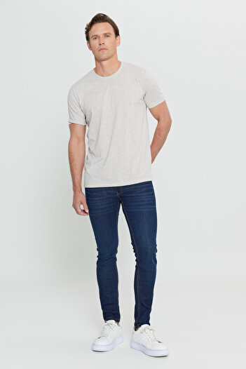 AC&Co / Altınyıldız Classics Erkek Bej Melanj Pamuklu Slim Fit Dar Kesim Bisiklet Yaka Basic Tişört