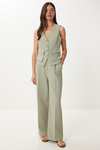 Happiness İstanbul Women's Green Linen Vest Palazzo Pants Suit Bv00126