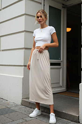 Trendyol Collection Flexible Maxi Skirt with Keys and Detail, Stone Soft - Twoss25Et00069