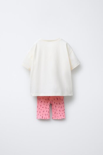 Magu Girl's cotton ecru patterned t-shirt and ribbed leggings set - summer two piece