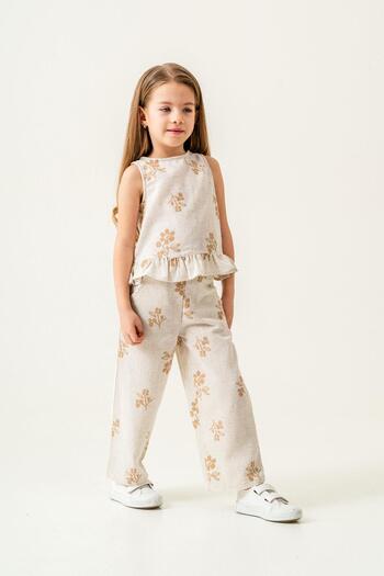 Magu Girl's Ecru Floral Patterned Poplin Linen Blouse and Pants Set