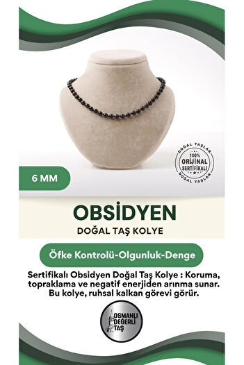 OSMANLI DEĞERLİ TAŞ Sertifikalı Obsidyen Doğaltaş Kolye 6 Mm, M582