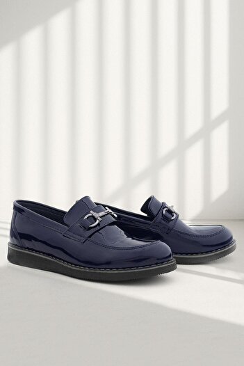 Rakerplus Genuine Leather Navy Blue Patent Leather Buckle Loafer Children's Classic Shoes