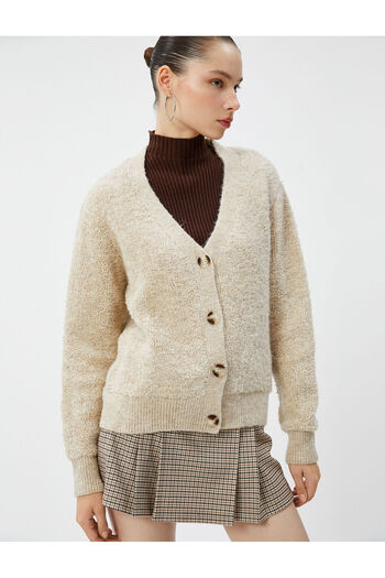 Koton V-Neck Long Sleeve Plush Cardigan - Buttoned