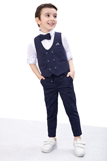 Cansın Mini Navy Blue Buttoned Vest and Bow Tie Shirt Boy's 4-Piece Suit 20543