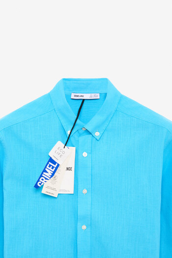 GRIMELANGE Perttu Men's 100% Cotton Slim Fit Slim Fit Buttoned Collar Linen Look Flared Turquoise Shirt