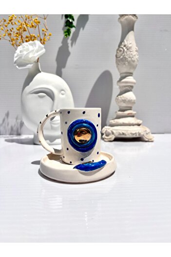 AYLEFE HOBBY 24K Gold Detailed Ceramic Turkish Coffee Cup with Evil Eye Beads