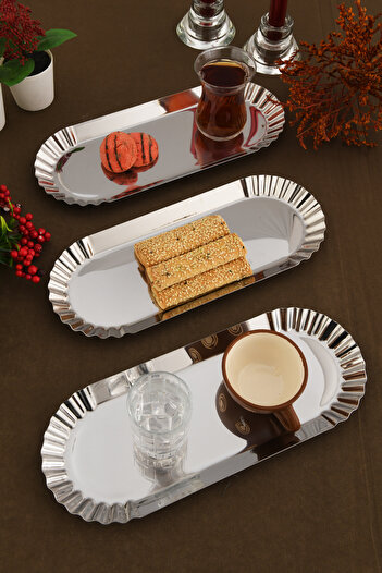 AKSESUAR EVRENİ Davin Decorative Stainless Oval Serrated Edges 3 Pieces Presentation Tray