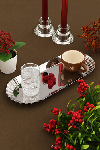 AKSESUAR EVRENİ Davin Decorative Stainless Oval Serrated Edges 1 Presentation Tray
