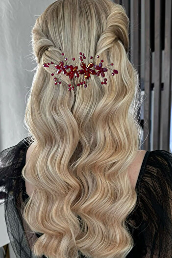 TAKIŞTIR Burgundy Color Flower Detailed Crystal Stone Detailed Evening Dress Wire Comb Buckle