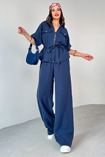 Cappmoda Tkm-03704 Navy Blue Zippered Pocket Detailed Jacket Loose Trousers Double Set