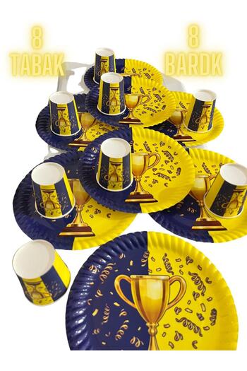 partyrüyası Yellow Navy Blue Themed Paper Plate and Cup Party Set for 8 People