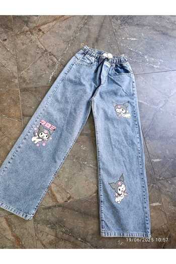 ESKİŞEHİR YUMURCAK Kız Çocuk Kuromi Baskılı Beli Lastikli Kot Pantolon